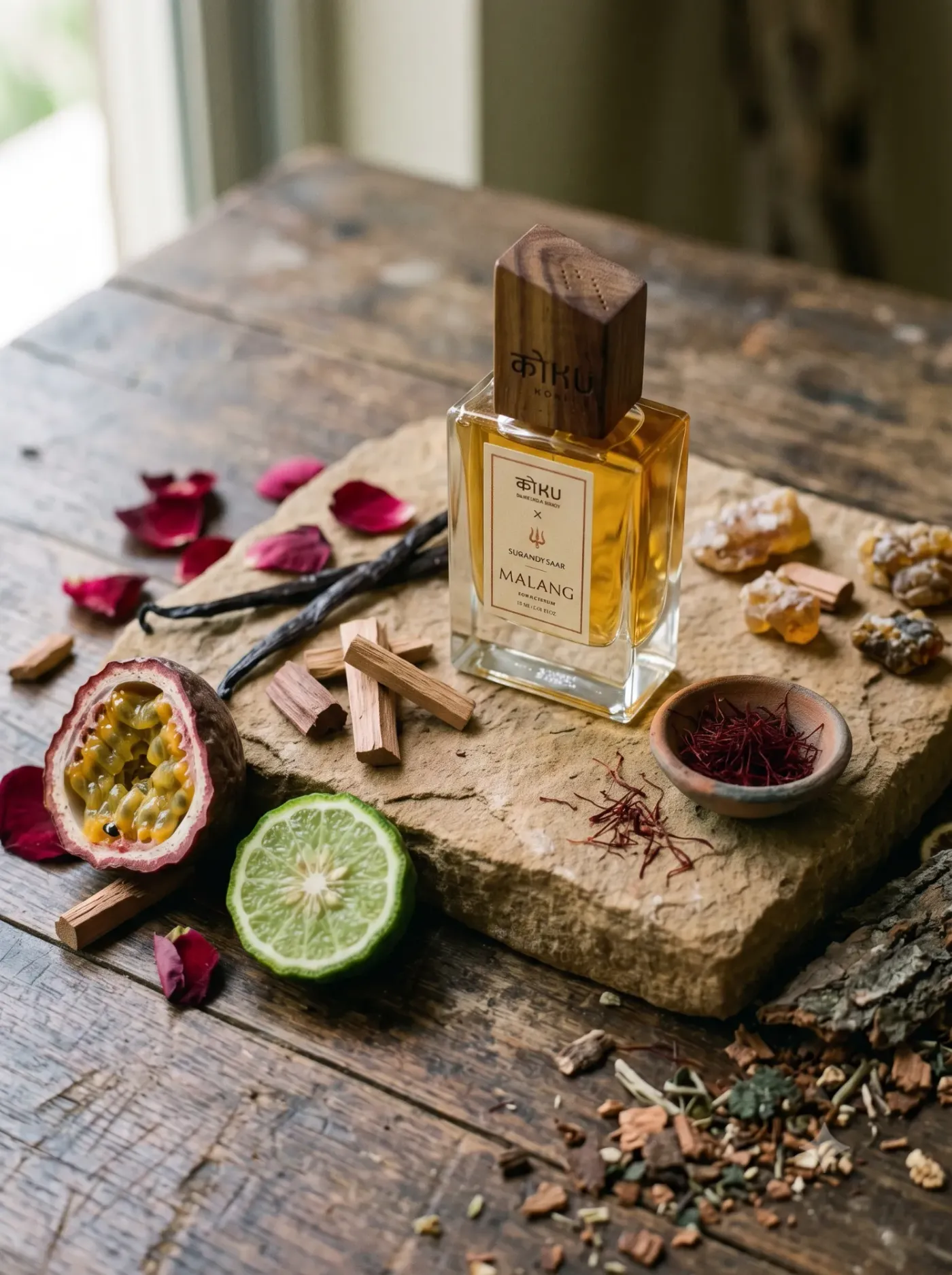 Malang on a stone on a wooden table, with rose petals, passion fruit and bergamot